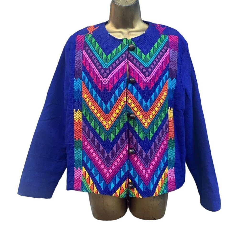 Vintage Handmade Jacket M Birds Guatemalan Artisan Art to Wear Geometric Rainbow